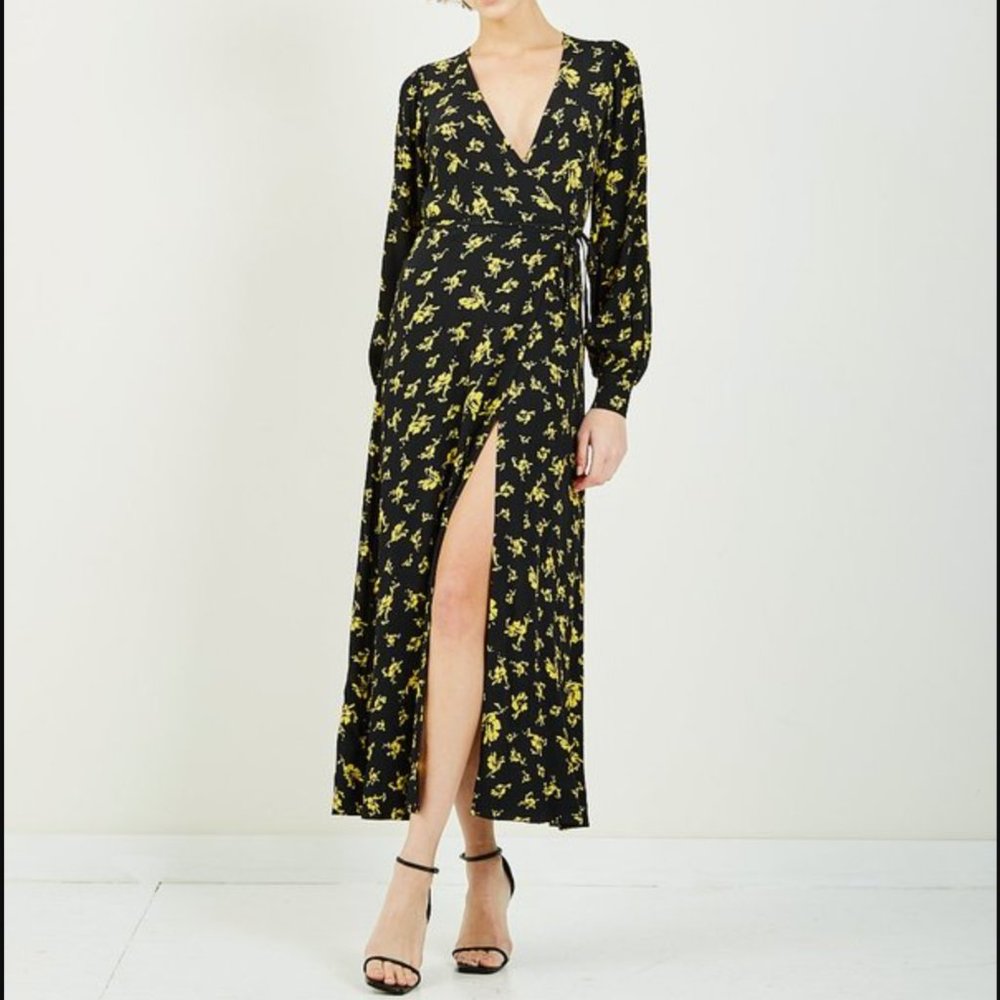 GANNI MAXI Printed Crepe Waist Tie Wrap Dress